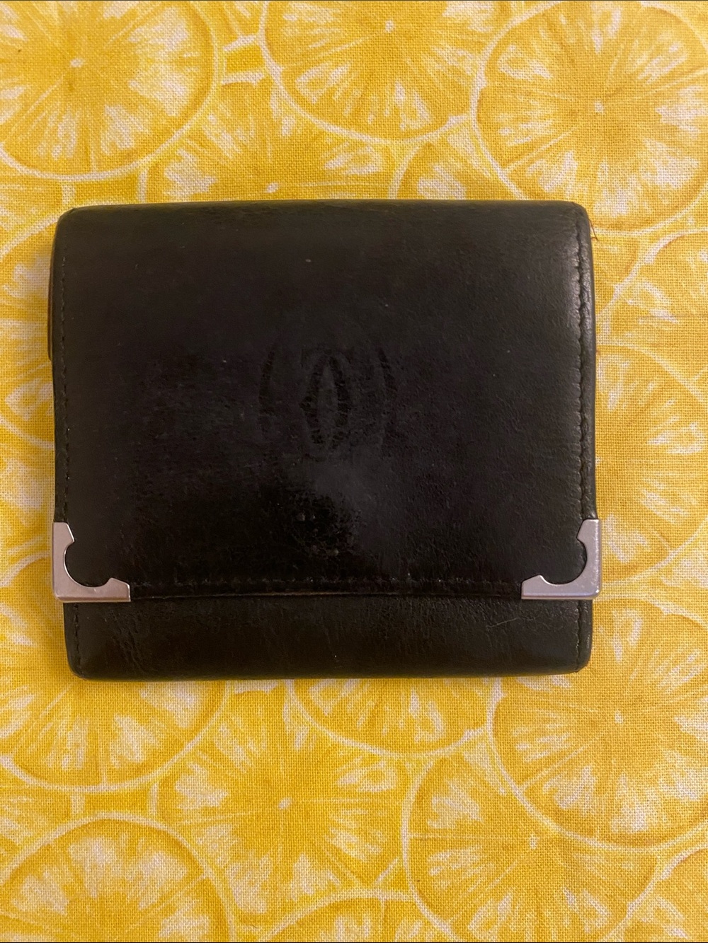 Black Leather Cartier Wallet with Silver Corner Accents